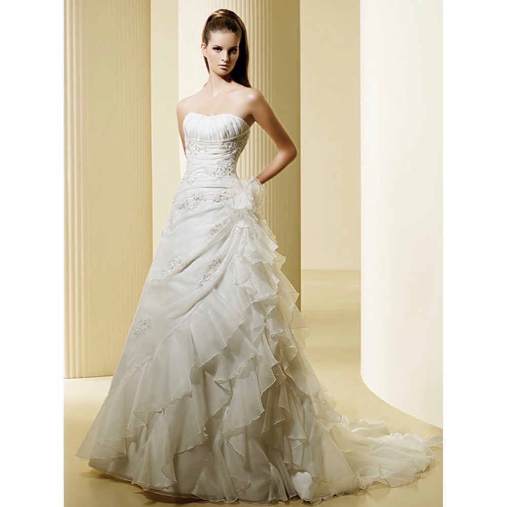 La Sposa Womens Fantasia Ivory Beaded Lace Ruffle Romantic Wedding Dress Size 8